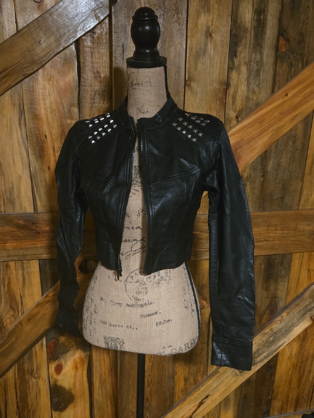🖤ROYAL BONES Black Stud-Accent Women's Faux Leather Biker Jacket - Picture 2 of 4